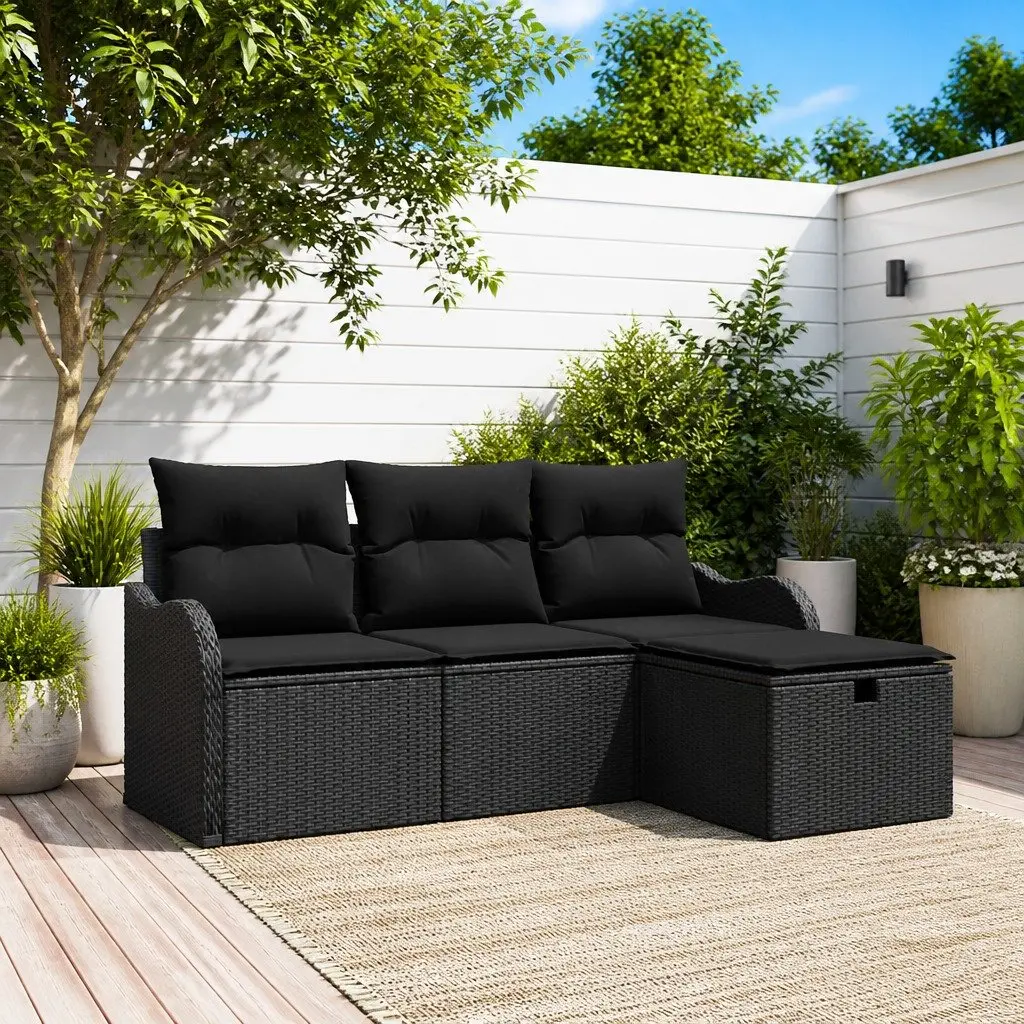 Modular Garden Sofa Set 4 Piece Poly Rattan Black with Cushions