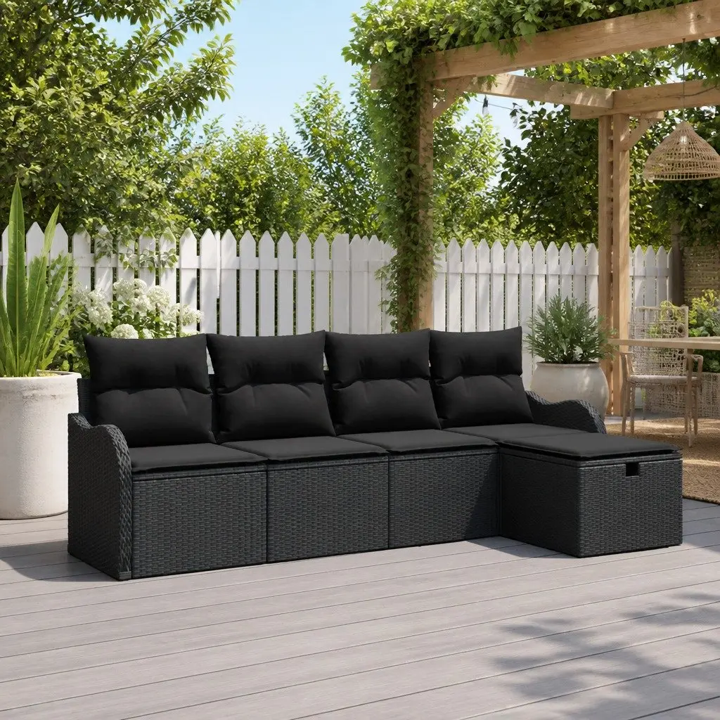 Modular Garden Sofa Set 5 Pieces Black Poly Rattan Outdoor Seating with Cushions