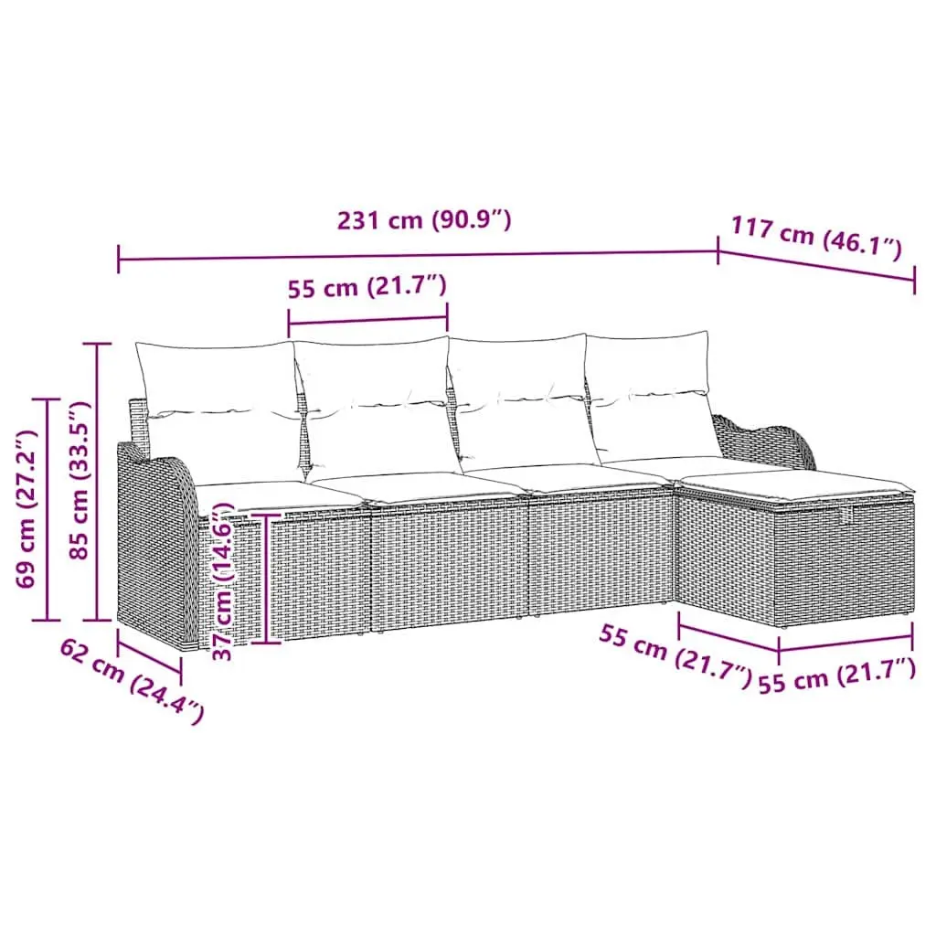Modular Garden Sofa Set 5 Pieces Black Poly Rattan Outdoor Seating with Cushions