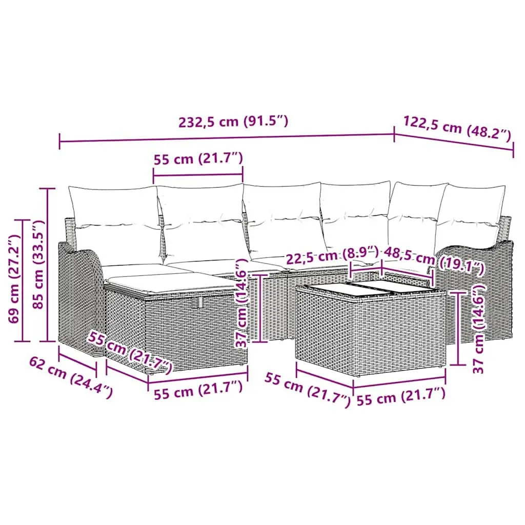 Outdoor Garden Sofa Set Modular Black Poly Rattan with Cushion 7 Pieces Patio