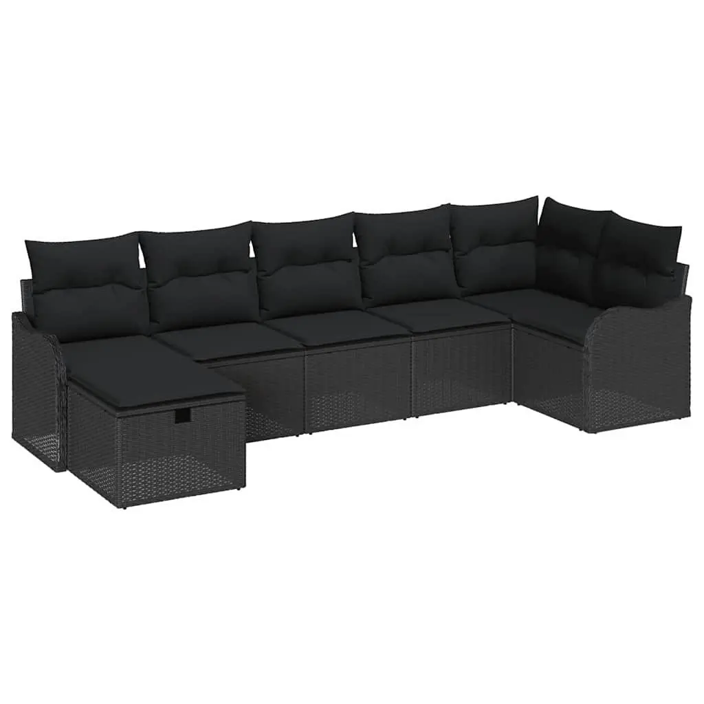 7 Piece Modular Garden Sofa Set Black Poly Rattan with Removable Cushions