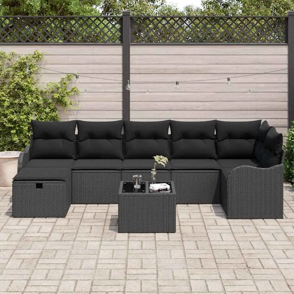 Outdoor Sofa Set 8 Piece Black Poly Rattan Garden Furniture with Storage