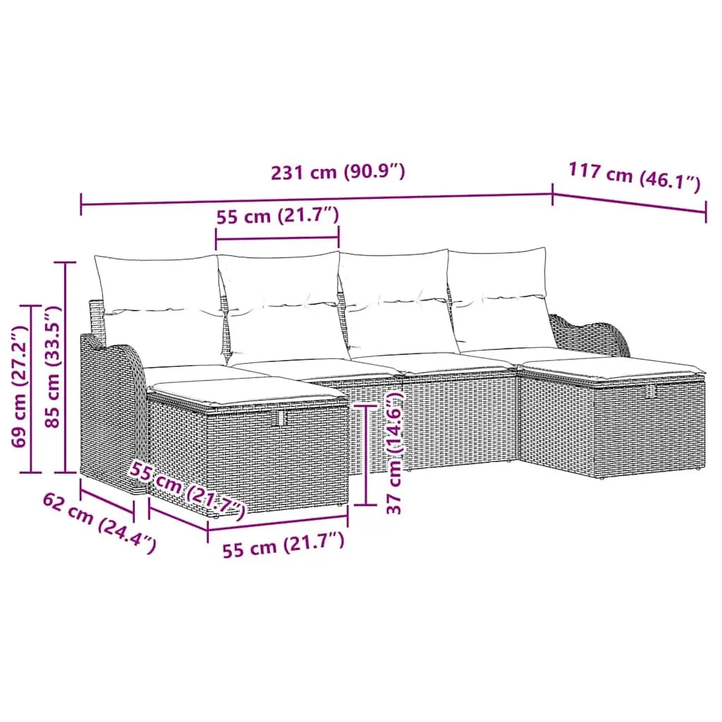 Outdoor Sofa Set Modular Poly Rattan 6 Piece Black