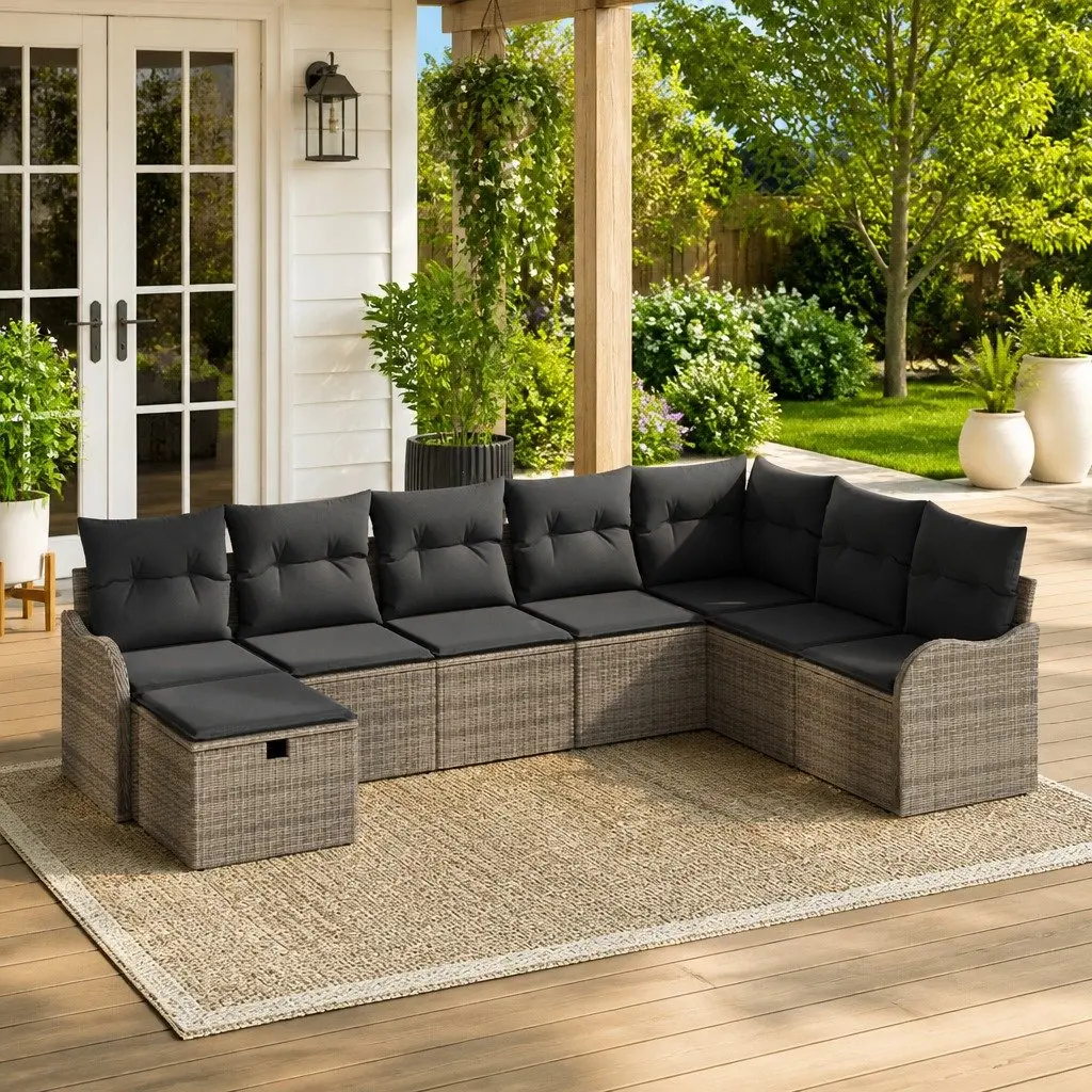 Outdoor Sofa Set 8 Pieces Grey Poly Rattan Garden Seating with Storage Cushions