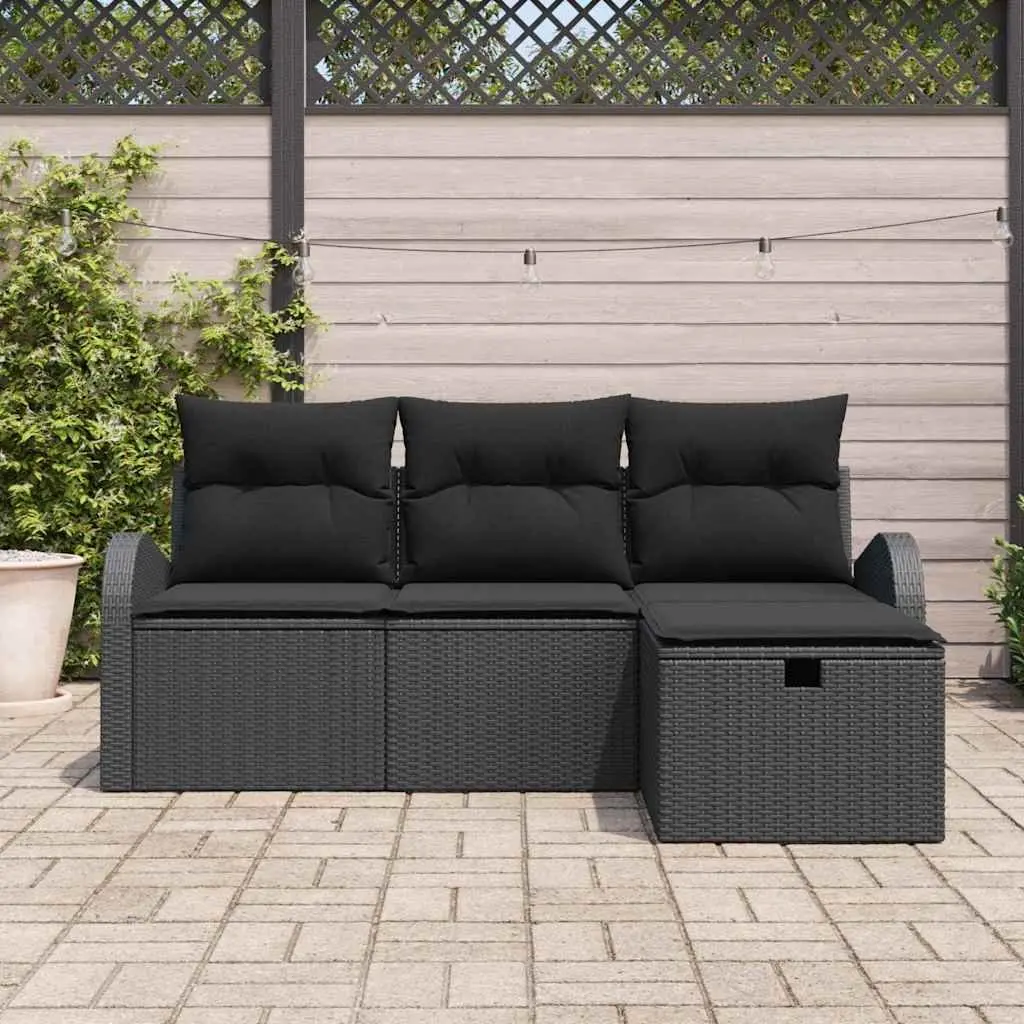 Outdoor Sectional Sofa Set 4 Pieces Black Poly Rattan Modular Garden Seating