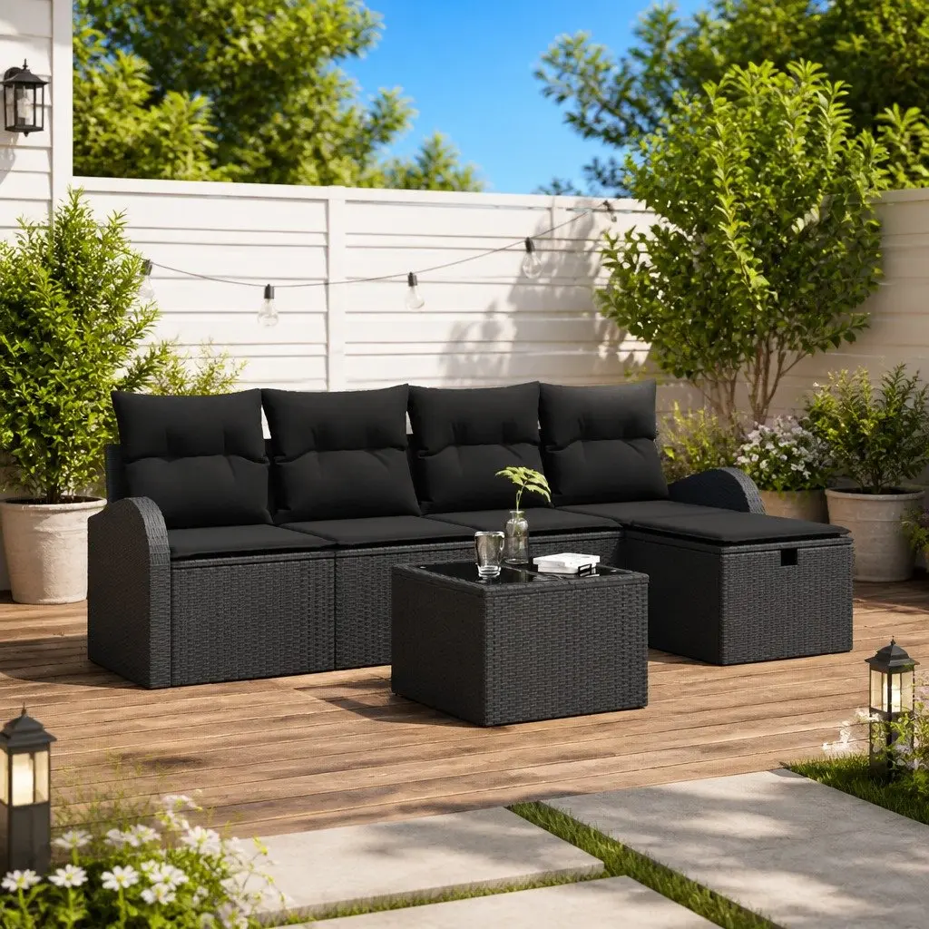 Outdoor Sofa Set Modular Sectional 6 Piece Black Poly Rattan