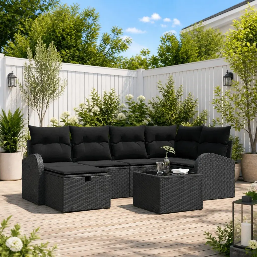 Garden Sofa Set 7 Piece Black Outdoor Seating Poly Rattan Modular Lounge with