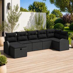 Outdoor Sofa Set 7pc Garden Furniture Black Poly Rattan with Storage Benches
