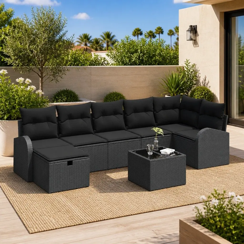 Outdoor Sofa Set Poly Rattan 8 Pieces Black with Storage Bench Ottoman