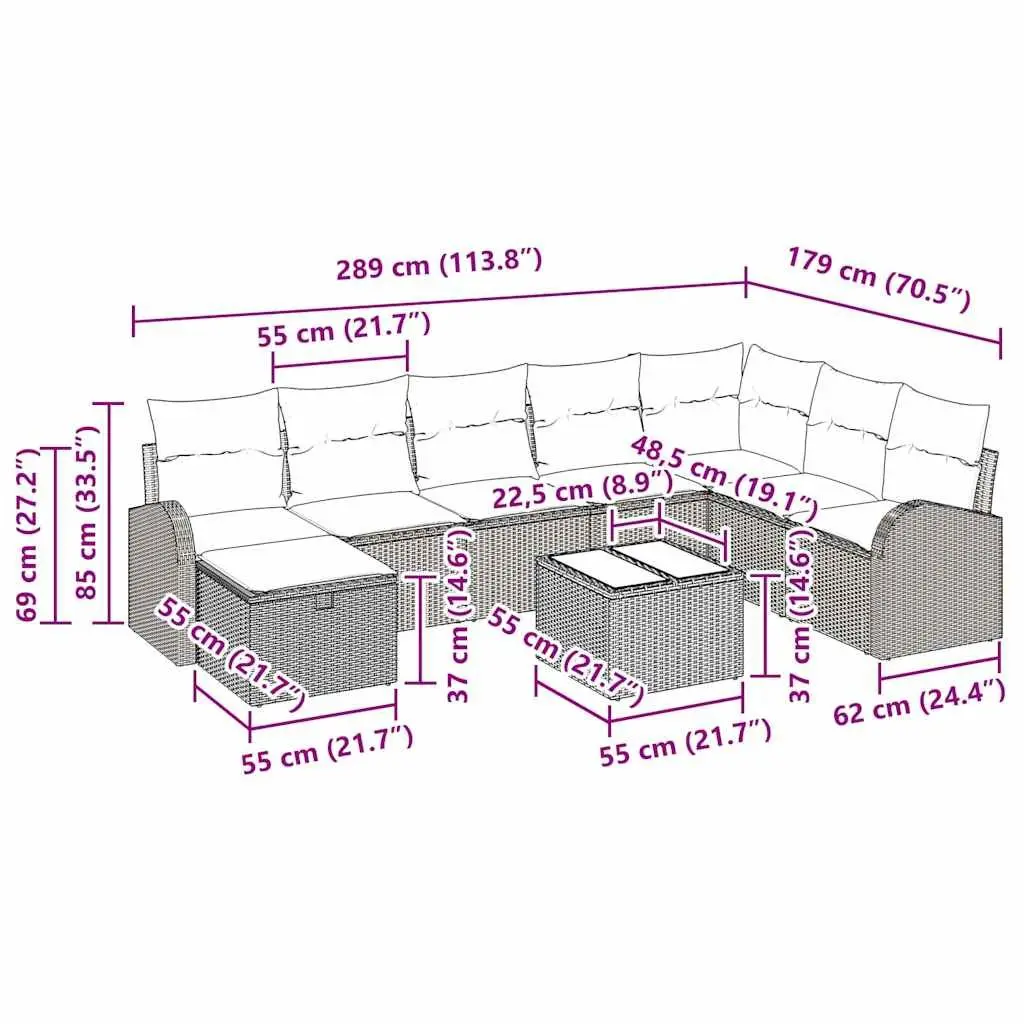 Outdoor Sofa Set Modular Poly Rattan Black with Cushioned Seat Pad