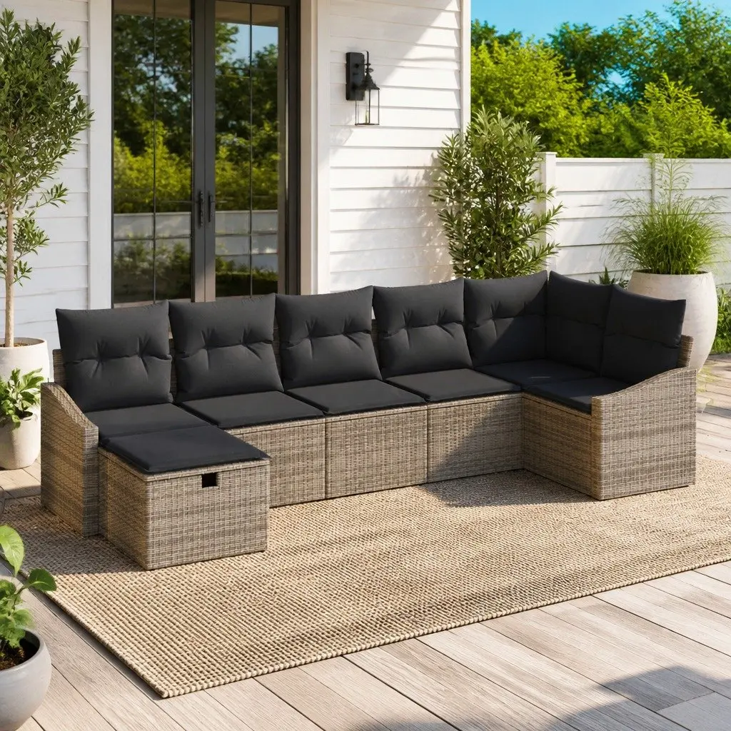 Grey Poly Rattan Outdoor Sofa Set 7pc Modular Garden Furniture with Storage