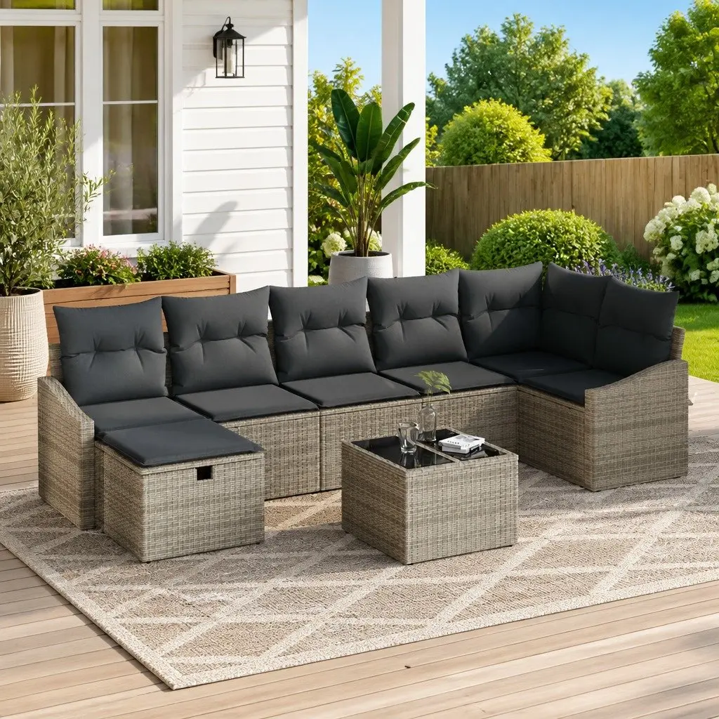 Modular Outdoor Sofa Set Poly Rattan Grey Cushioned with Storage