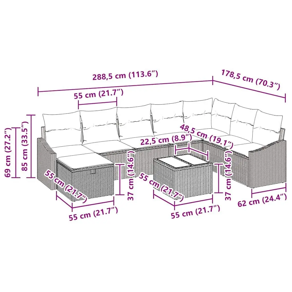 Outdoor Sofa Set Modular Poly Rattan 9 Pieces Black