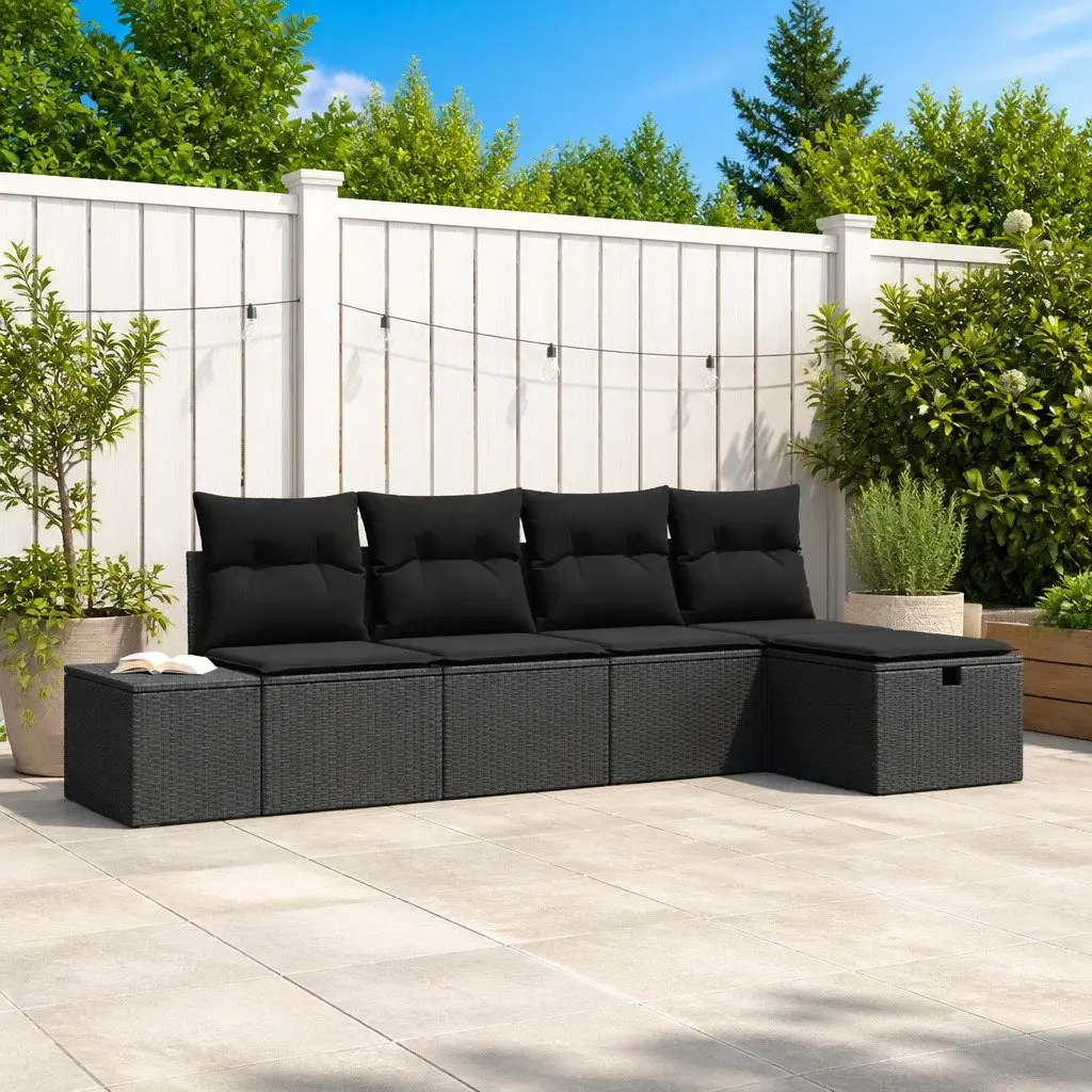 Garden Sofa Set Poly Rattan 5 Piece Modular Black Outdoor Furniture with Cushions