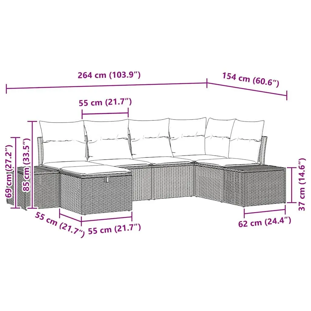 Garden Sofa Set Modular Poly Rattan 6 Piece Black Lounger Outdoor Furniture