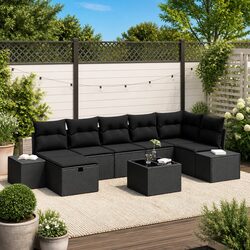 Garden Sofa Set 8 Piece Outdoor Lounge Furniture Black Poly Rattan with Cushions