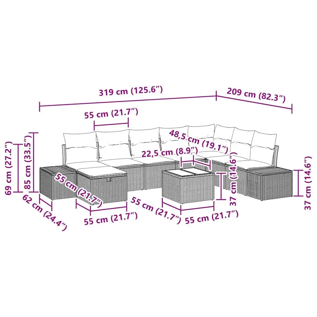 Garden Sofa Set Modular Poly Rattan 9 Pieces Outdoor Furniture Black