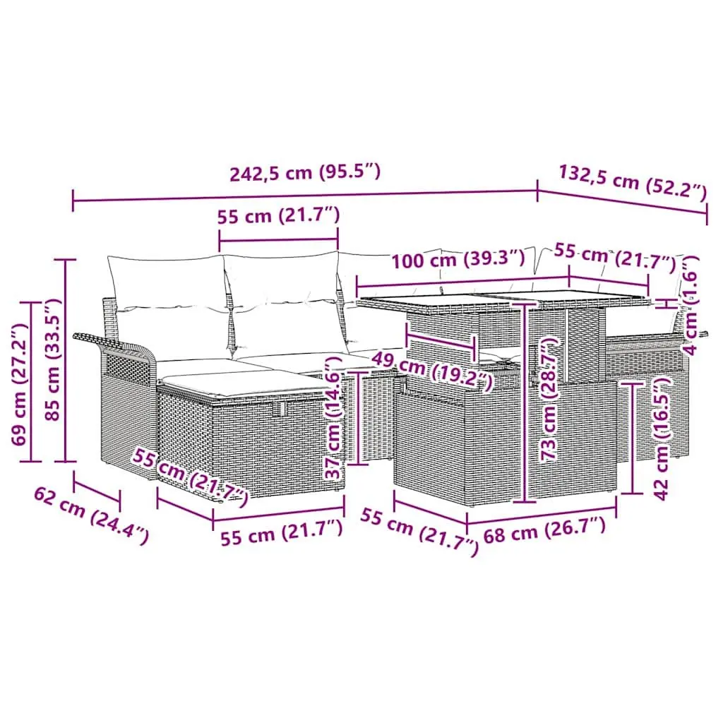 Garden Sofa Set 7 Piece Outdoor Patio Furniture Grey Poly Rattan with Cushions