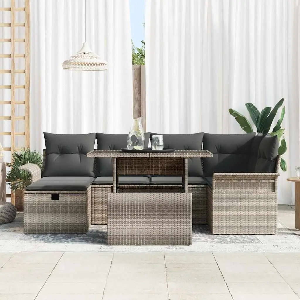 Garden Sofa Set 7 Piece Outdoor Patio Furniture Grey Poly Rattan with Cushions