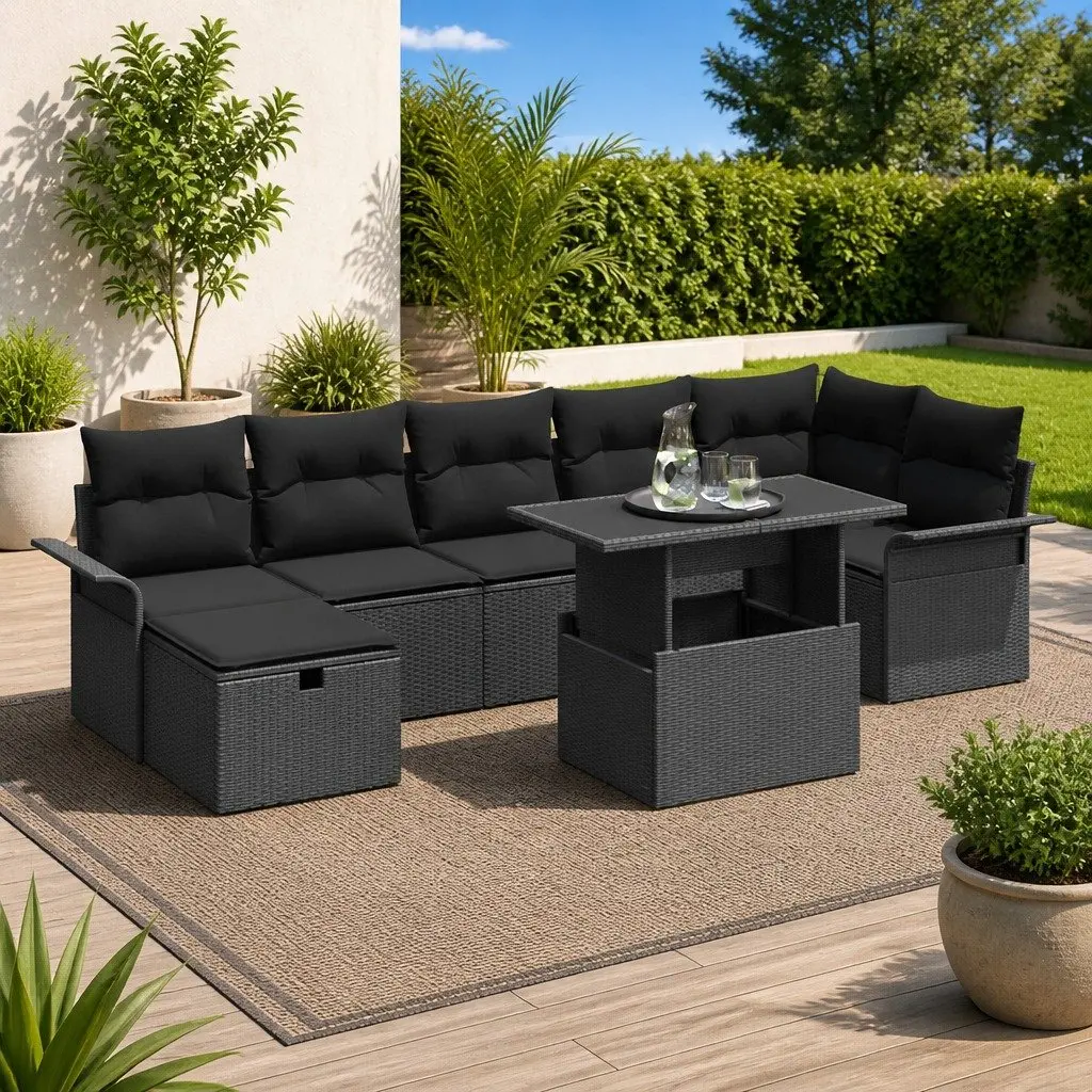 Garden Sofa Set Modular Poly Rattan 8 Pieces Outdoor Lounge Seating Black
