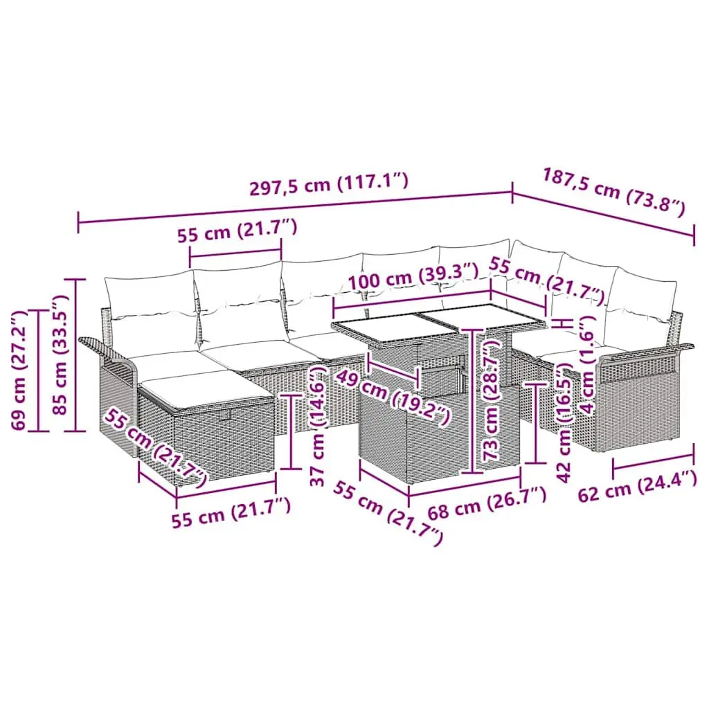 Garden Sofa Set 9 Piece Modular Outdoor Furniture Grey Poly Rattan with Cushions
