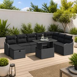 Outdoor Garden Sofa Set 9 Pieces Modular Black Poly Rattan with Cushions Table