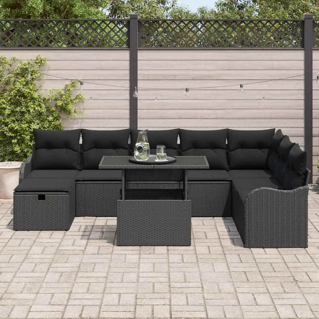 Outdoor Garden Sofa Set 9 Pieces Modular Black Poly Rattan with Cushions Table