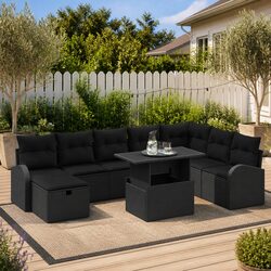 Garden Sofa Set 9 Pieces Modular Outdoor Furniture Black Poly Rattan with