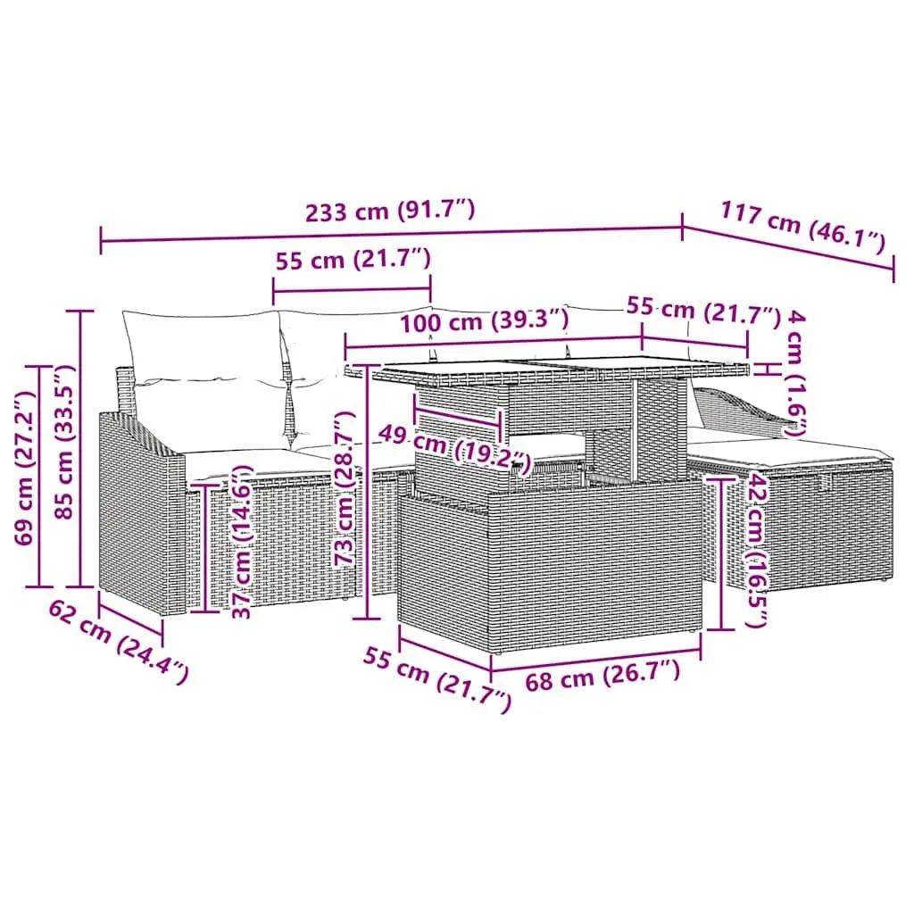 6 Piece Outdoor Sofa Set Poly Rattan Modular Black Furniture with Cushions and Glass Top Table