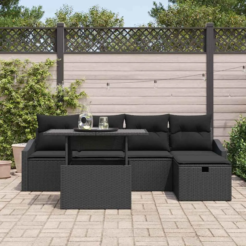 6 Piece Outdoor Sofa Set Poly Rattan Modular Black Furniture with Cushions and Glass Top Table