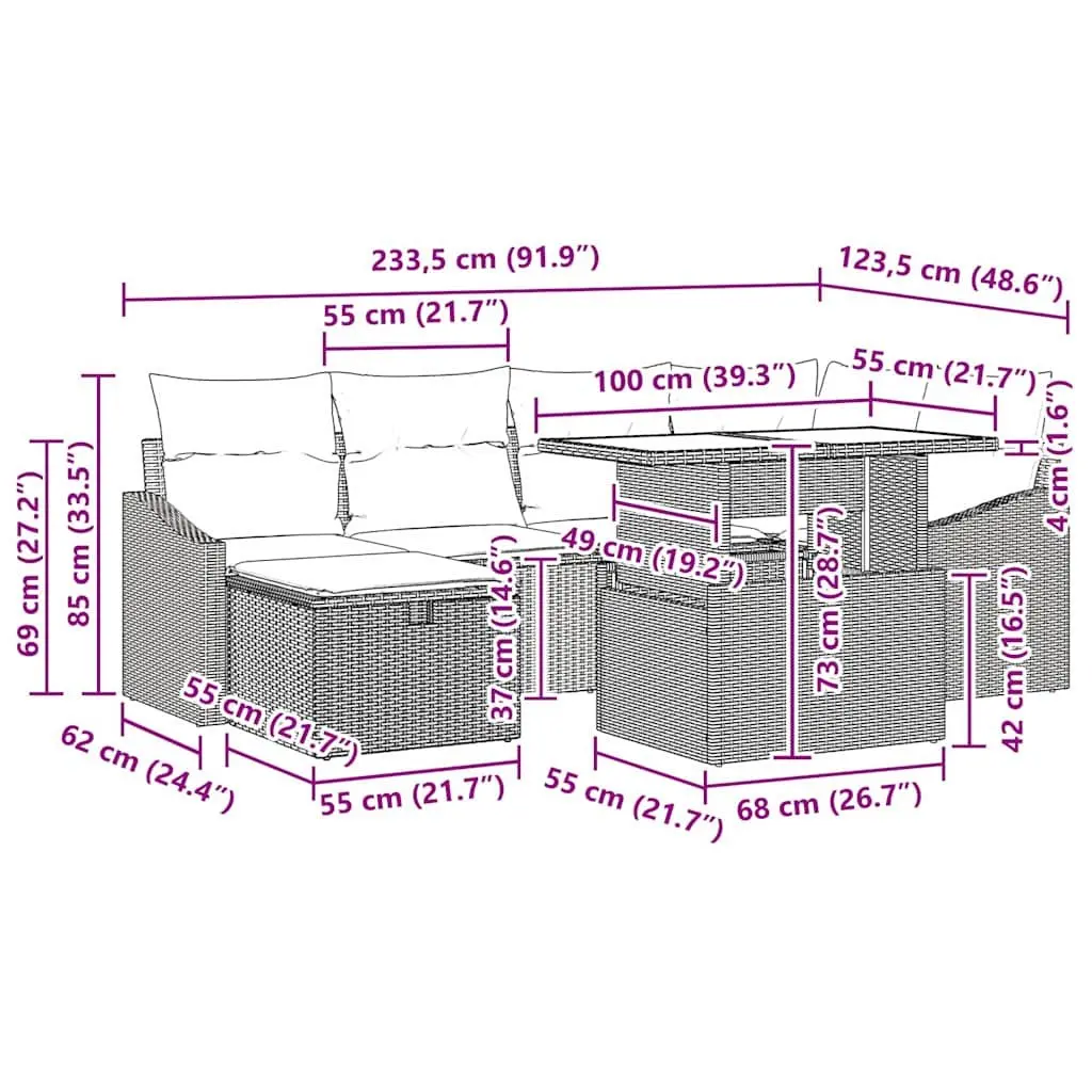 7 Piece Modular Outdoor Garden Sofa Set Poly Rattan Brown