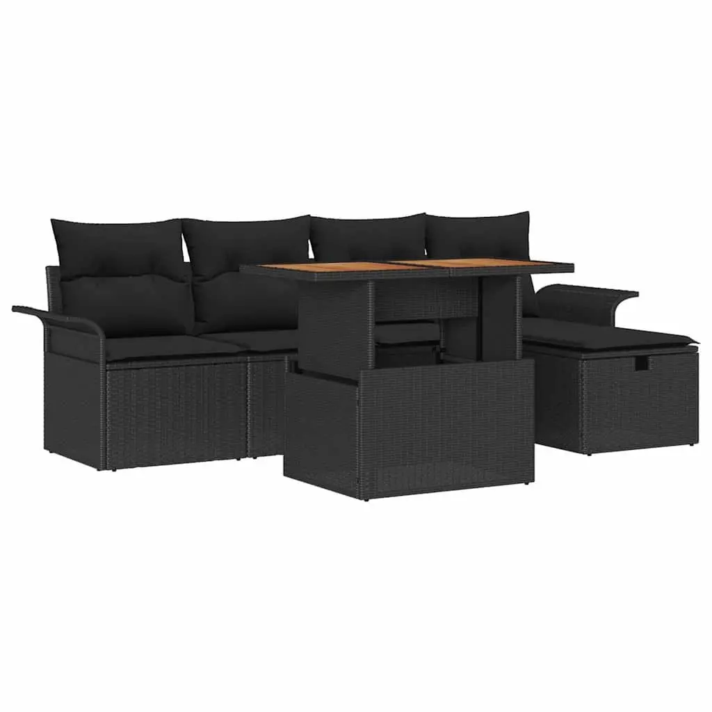 Outdoor Garden Sofa Set Poly Rattan Acacia Wood 6 Piece Black Modular Lounge Seating