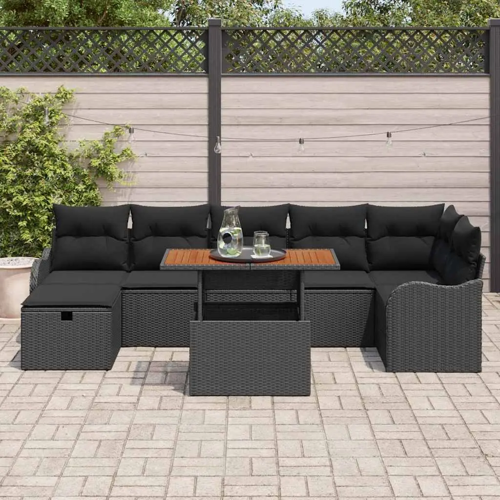 8 Piece Lounge Suite Outdoor Sofa Set Poly Rattan Black With Weather Resistant Cushions Adjustable Acacia Wood Table For Gardens And Patios