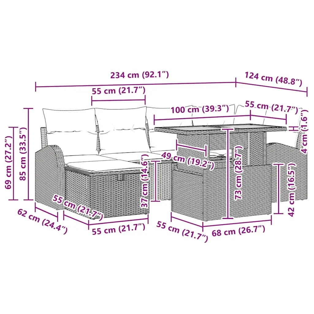 7 Piece Modular Lounge Furniture Black Poly Rattan Garden Sofa Set with Adjustable Table and Hidden Storage for Outdoor Living Spaces