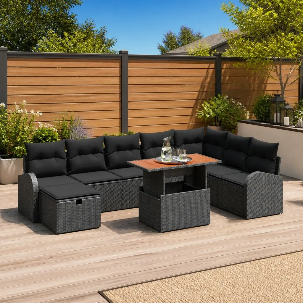 Modular Outdoor Sofa Set Black Poly Rattan 9 Piece Weather Resistant Patio Lounge Furniture with Height Adjustable Table