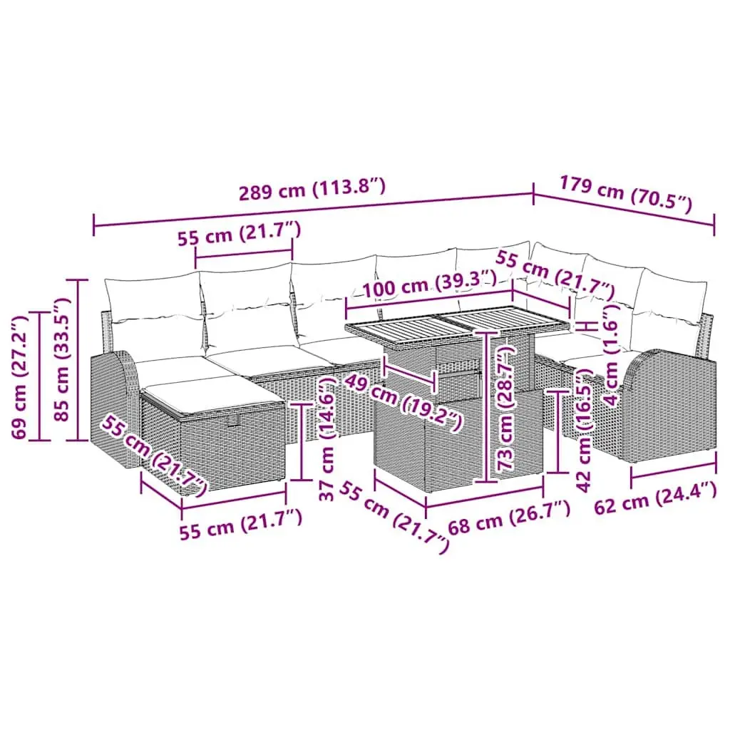 Modular Outdoor Sofa Set Black Poly Rattan 9 Piece Weather Resistant Patio Lounge Furniture with Height Adjustable Table