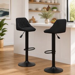 Bar Stools Set of 2 Black Velvet Swivel Adjustable Height Gas Lift Footrest