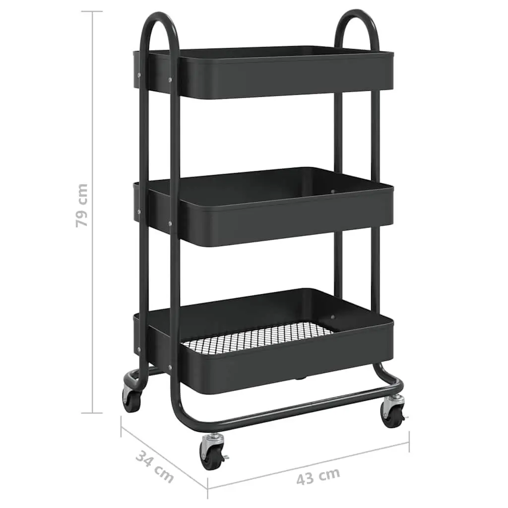 3-Tier Storage Trolley Steel Black 43x34x79cm Mobile Cart