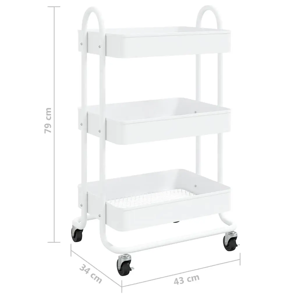 3-Tier Storage Trolley Steel White Mobile Cart 43 x 34 x 79 cm