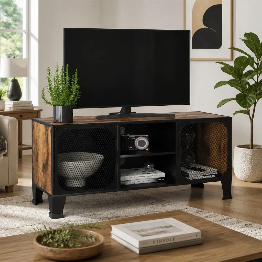 TV Cabinet Rustic Brown Storage Unit with Mesh Doors and Shelf for Living Room