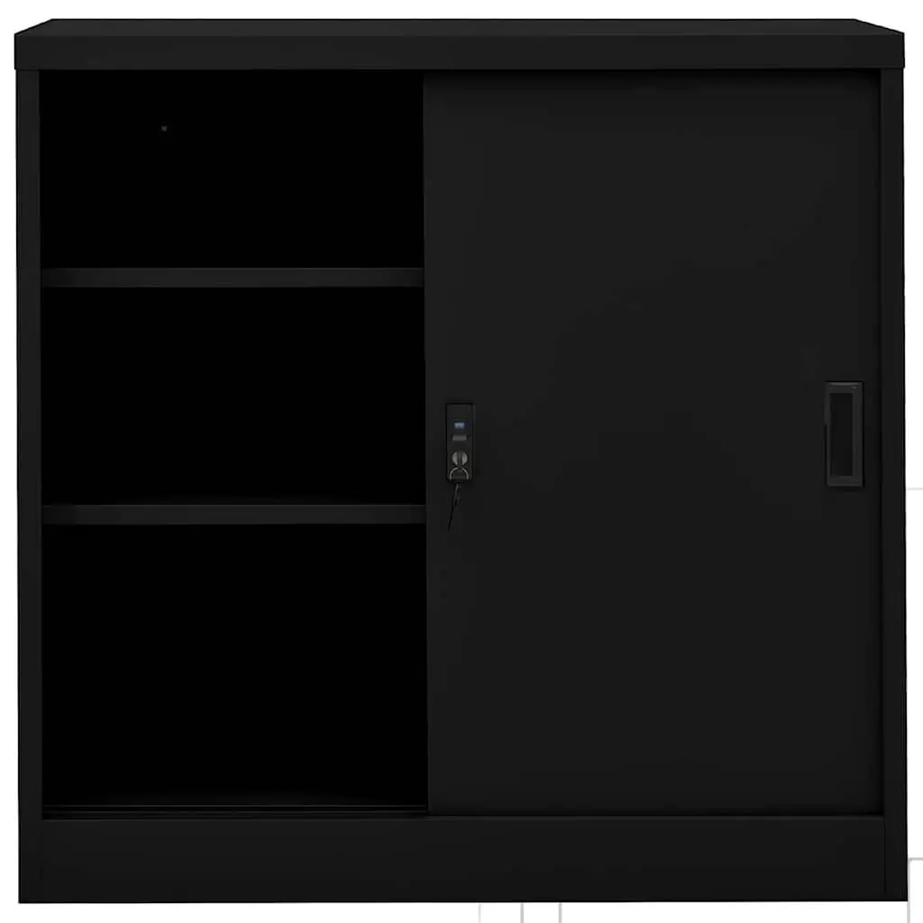 Sliding Door Office Storage Cabinet Black Steel 90cm x 40cm x 90cm with Adjustable Shelves and Lock for Organizing Workspace