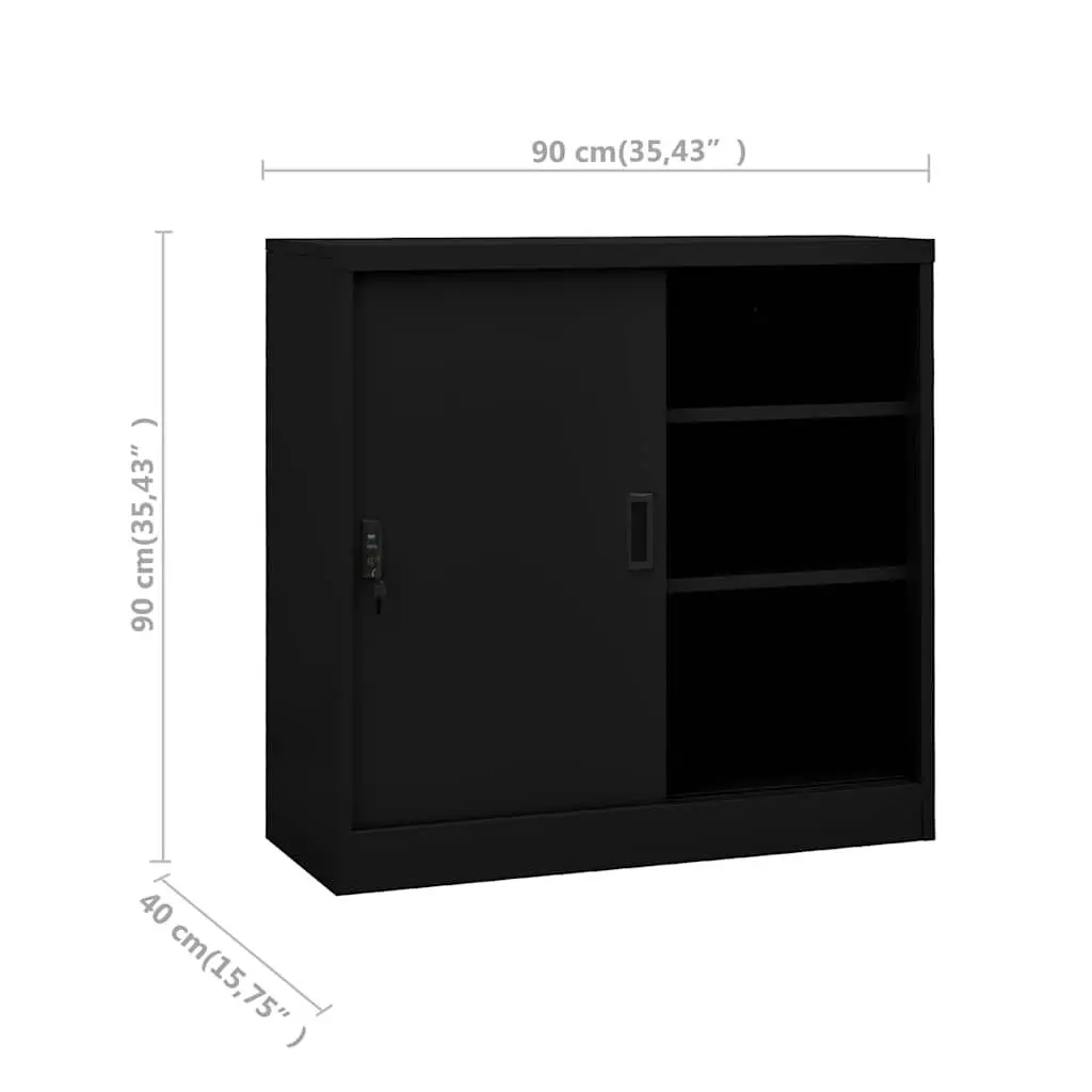Sliding Door Office Storage Cabinet Black Steel 90cm x 40cm x 90cm with Adjustable Shelves and Lock for Organizing Workspace