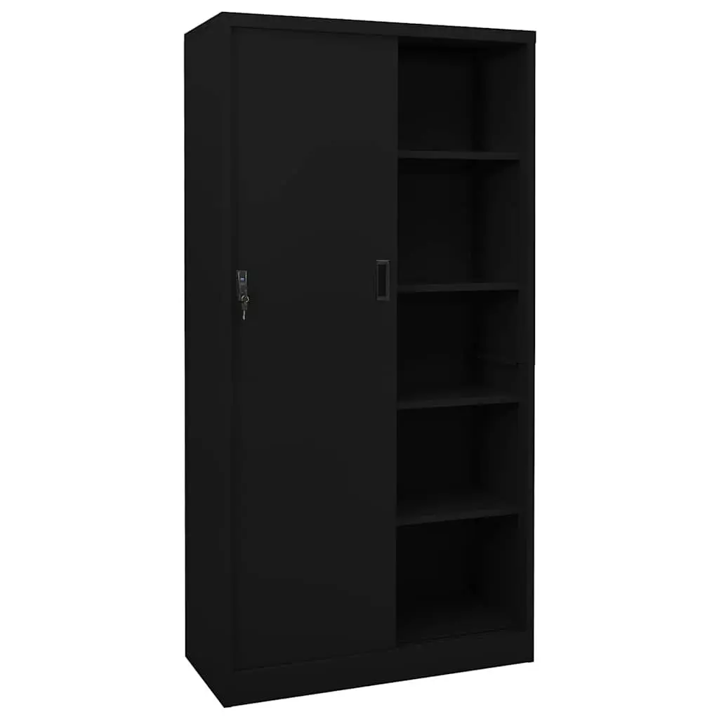 Office Storage Cabinet Steel Sliding Door Black 90W x 40D x 180H cm