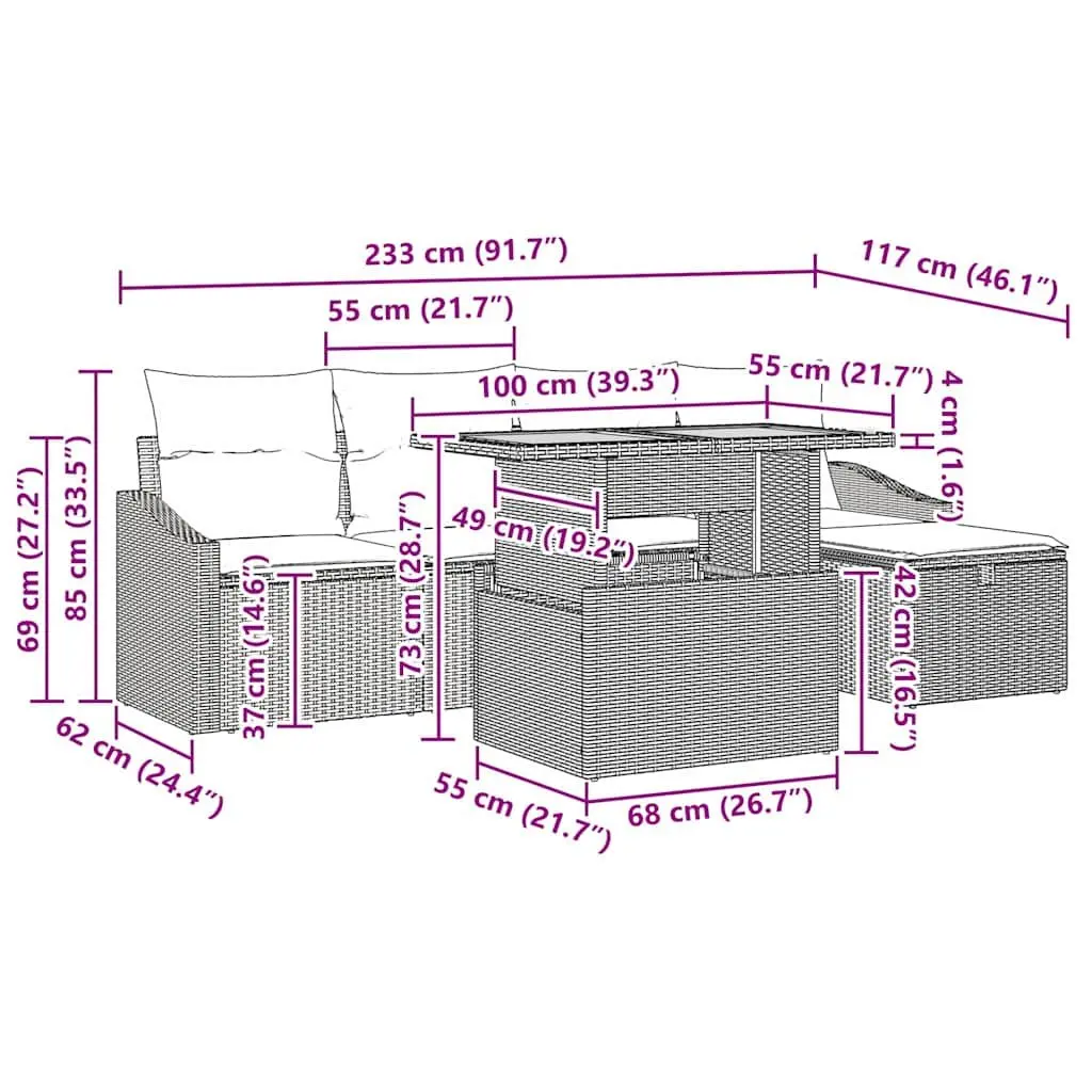 Garden Sofa Set Poly Rattan 6 Piece Grey Outdoor Furniture Modular Patio Lounge