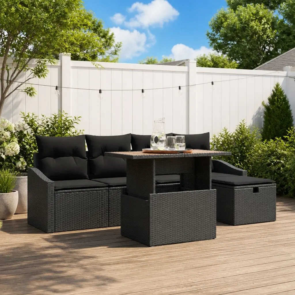 Outdoor Sofa Set Poly Rattan 6 Piece Black Patio Furniture with Cushions