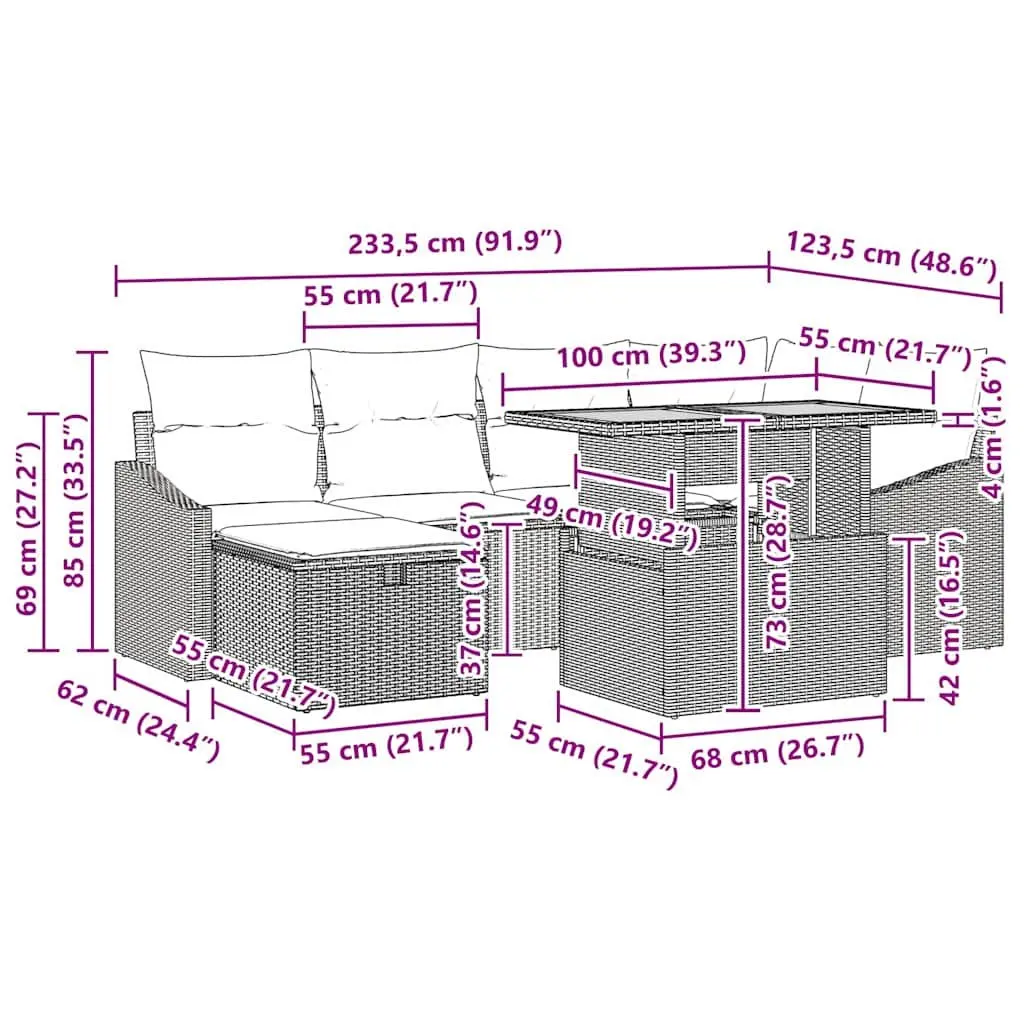 Garden Sofa Set Modular Poly Rattan 7 Piece Grey Outdoor Furniture