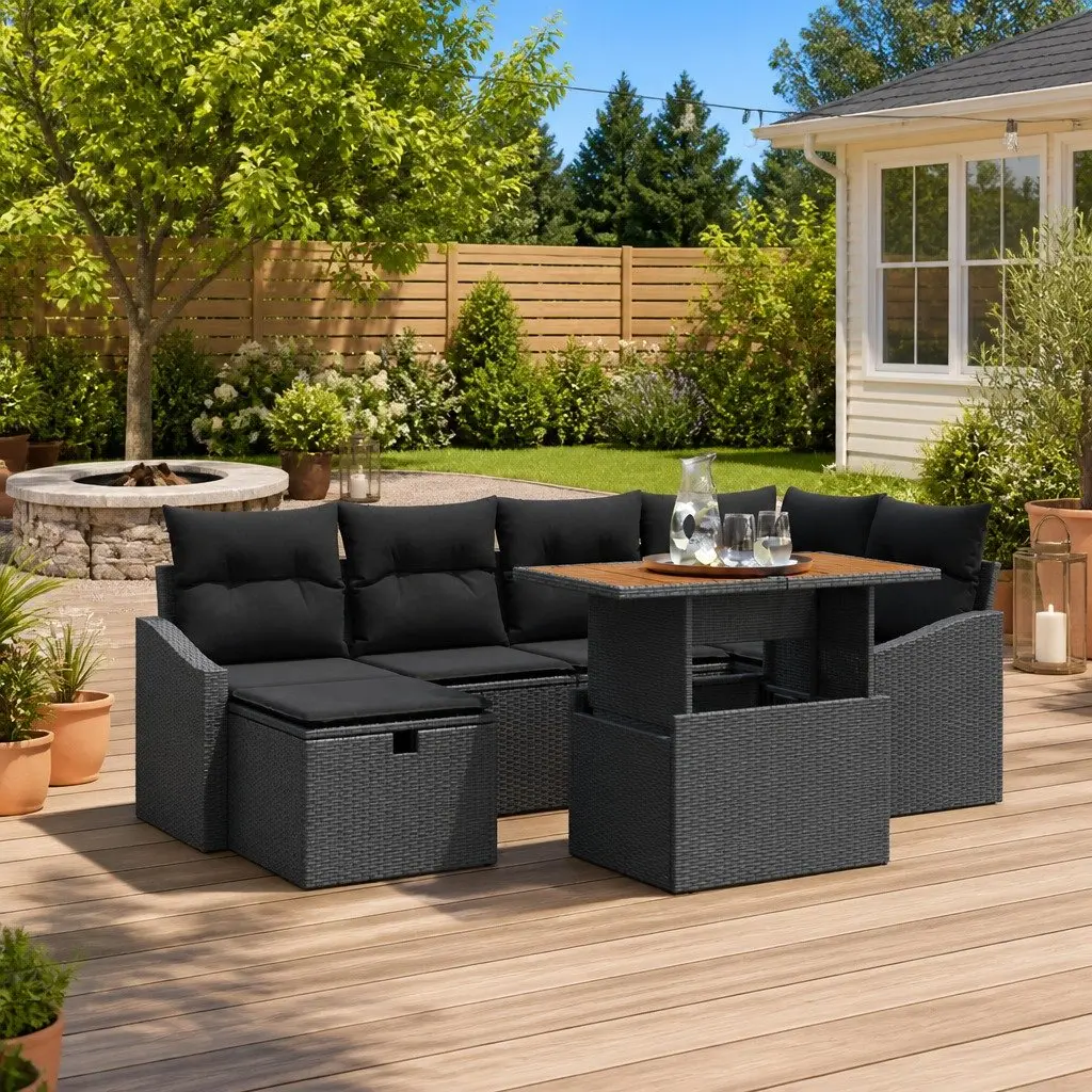 Garden Sofa Set Modular Poly Rattan 7 Piece Outdoor Lounge Furniture Black