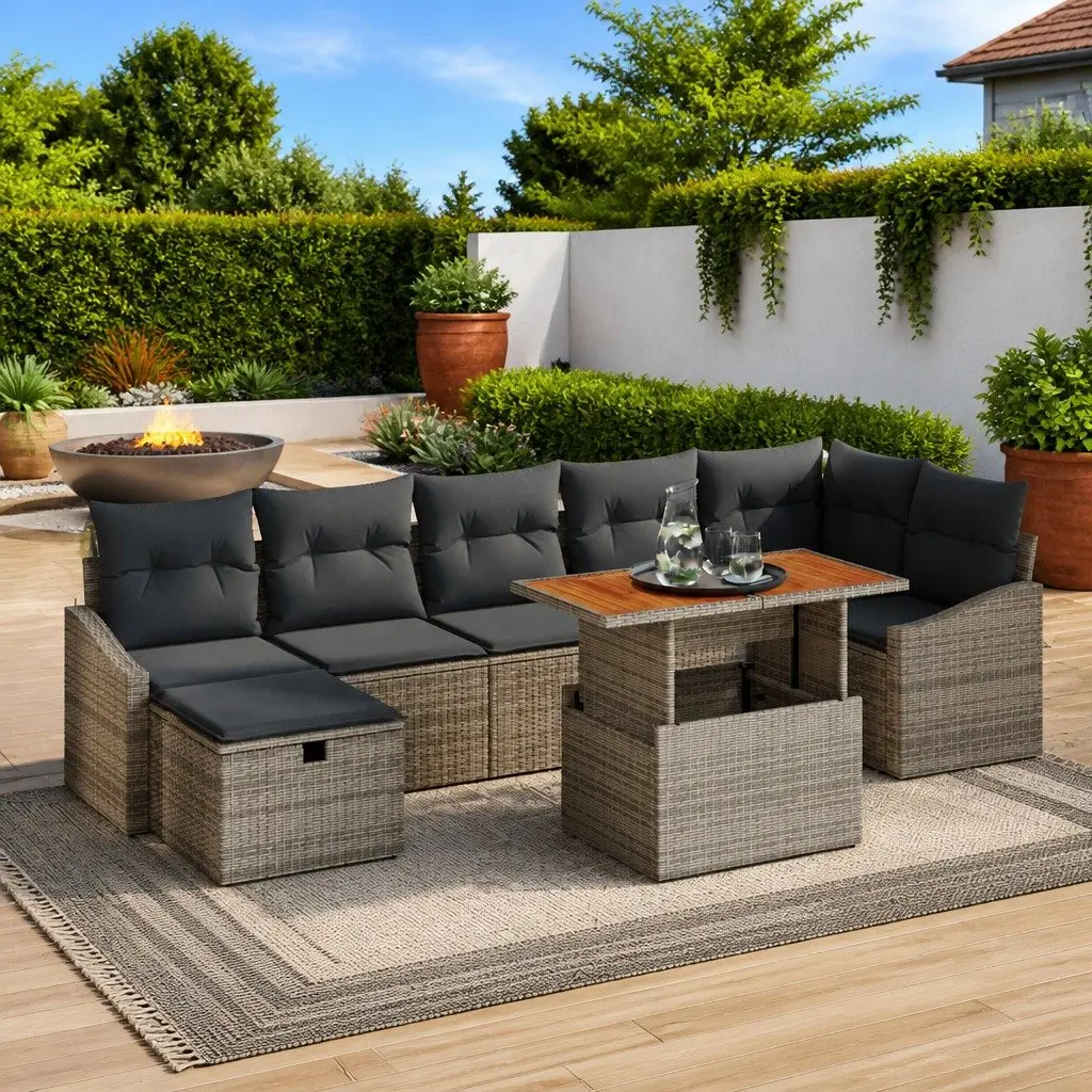 Garden Sofa Set Modular Poly Rattan 8 Pieces Grey Outdoor Lounge Furniture