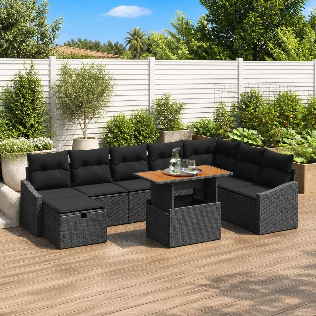 Modular Outdoor Sofa Set Black Poly Rattan 9 Pieces with Adjustable Height Table for Garden and Patio