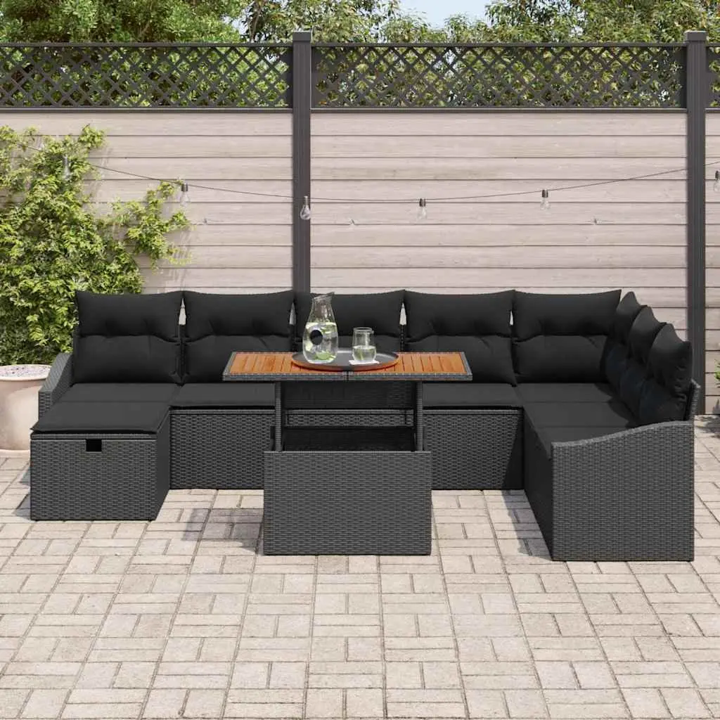 Modular Outdoor Sofa Set Black Poly Rattan 9 Pieces with Adjustable Height Table for Garden and Patio